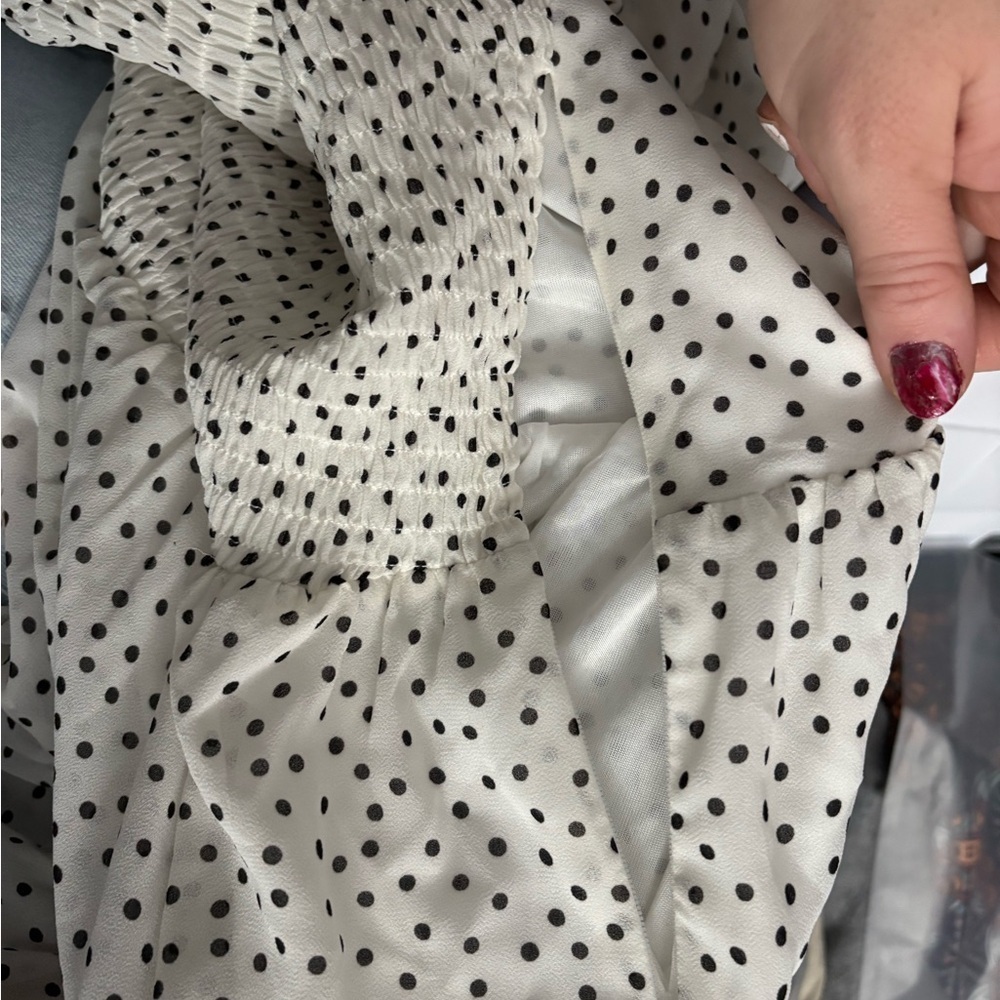 Black Polka Dots on a White Cream V-Neck Midi Dress - Picture 11 of 11